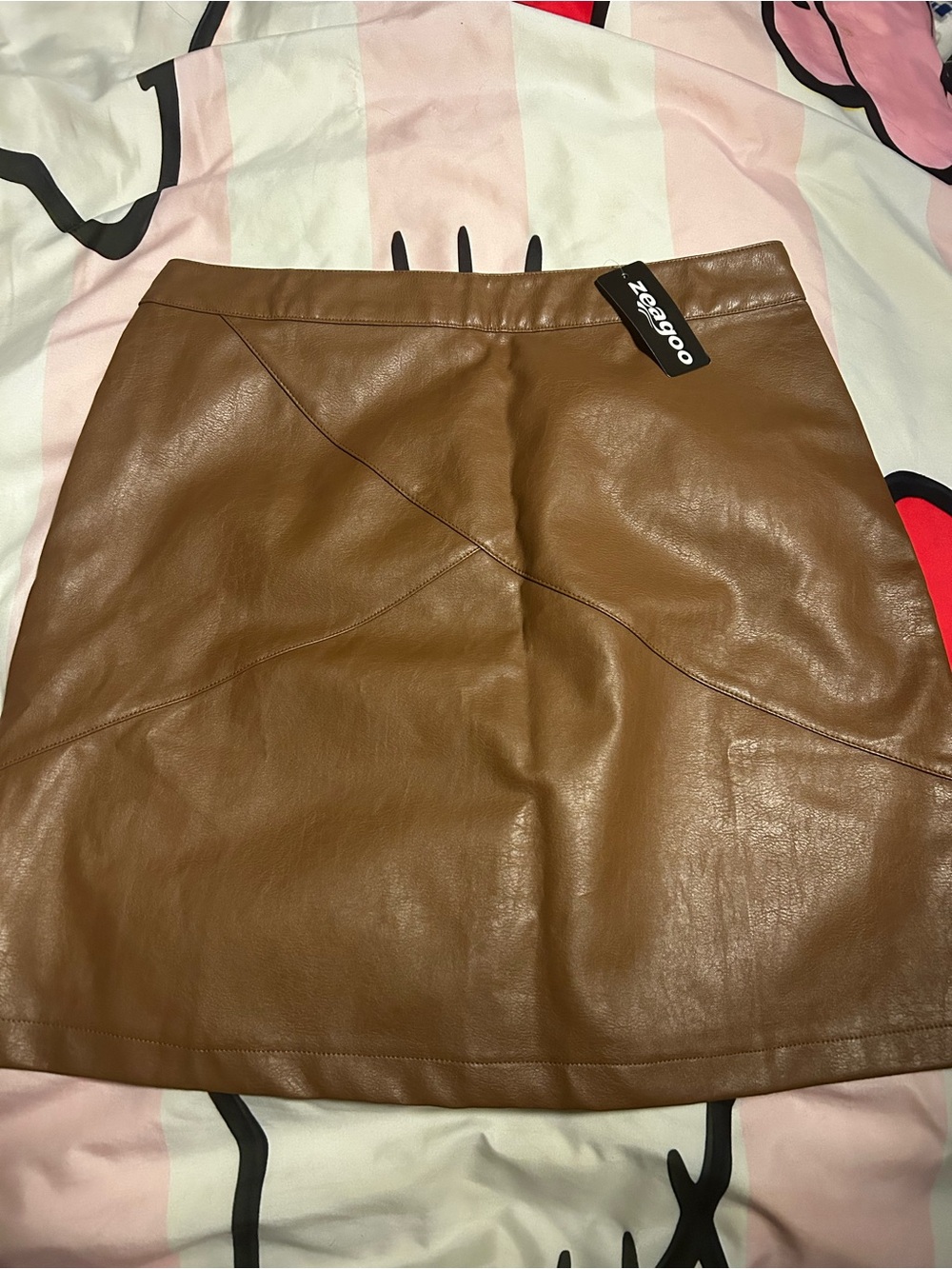 zeagoo Brown Faux Leather Mini Skirt